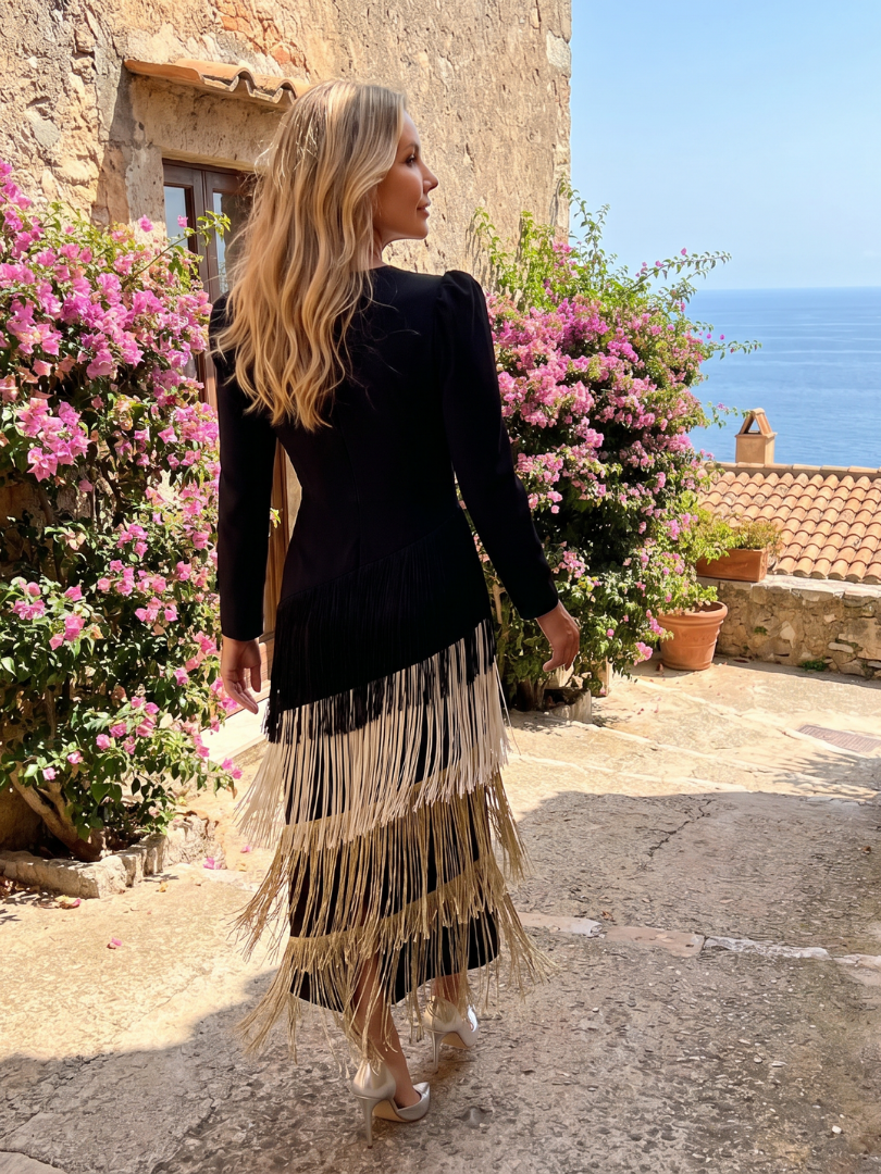 Evie Melbourne Long Sleeve Soft Fringe Skirt Midi Dress