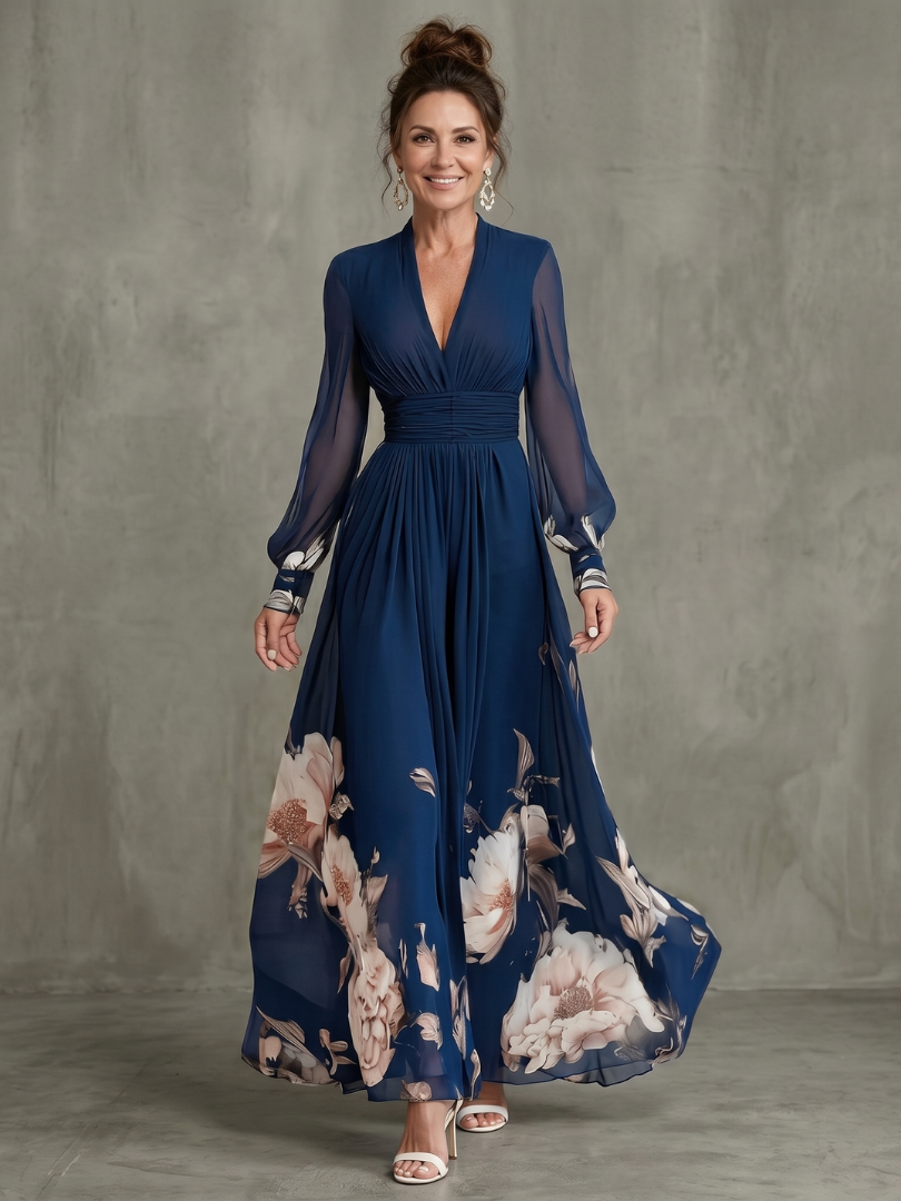 Evie Melbourne Pleated Sheer Sleeves Maxi Dress