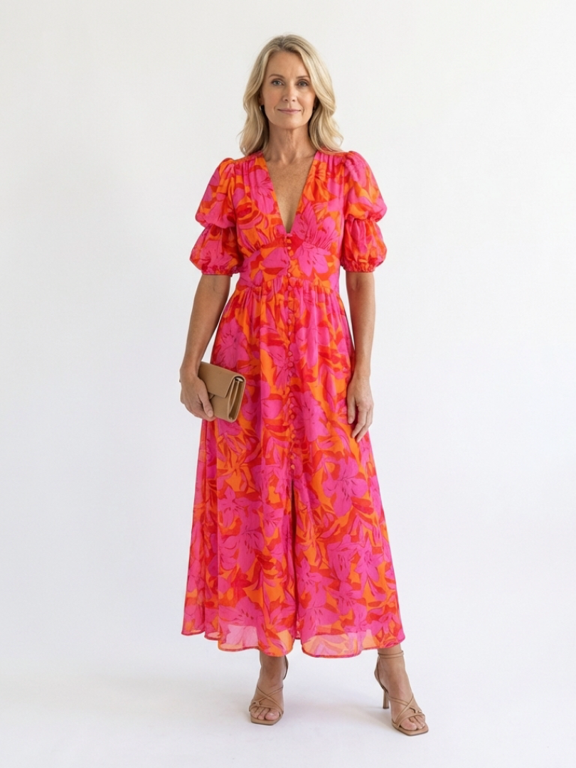 Evie Melbourne™ | Floral V Neck Puff Sleeve Midi Dress