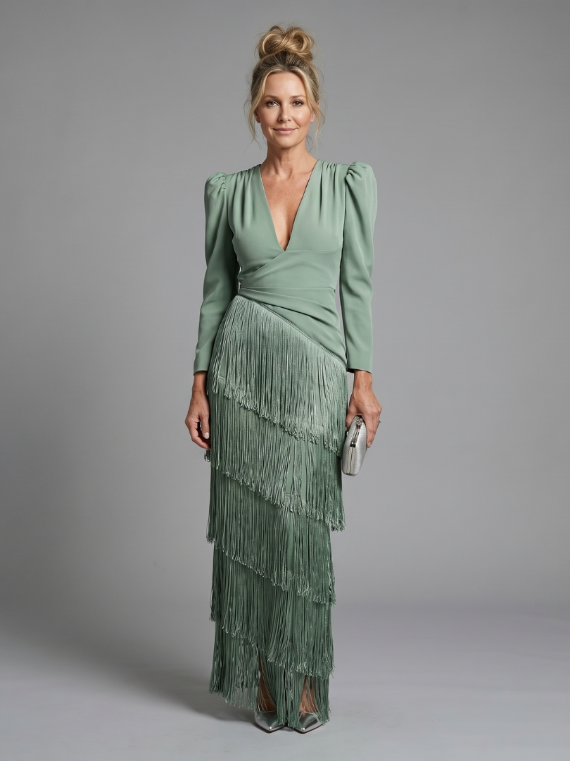 Evie Melbourne Long Sleeve Soft Fringe Skirt Midi Dress