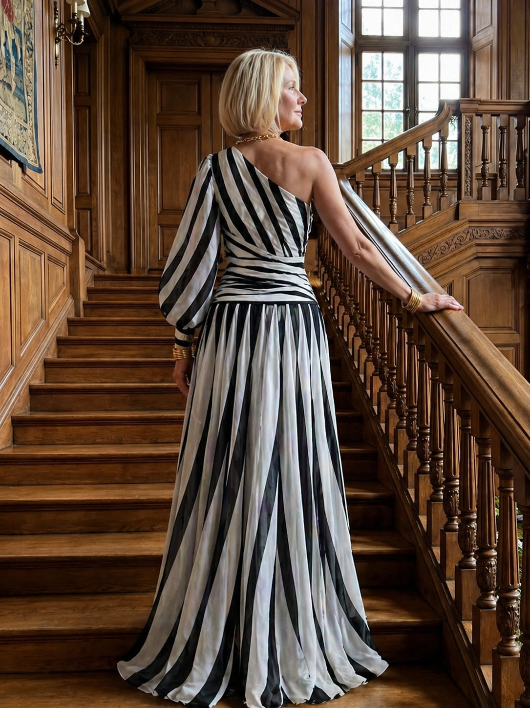 Evie Melbourne™ |Elegant Striped Maxi Dress with One Shoulder