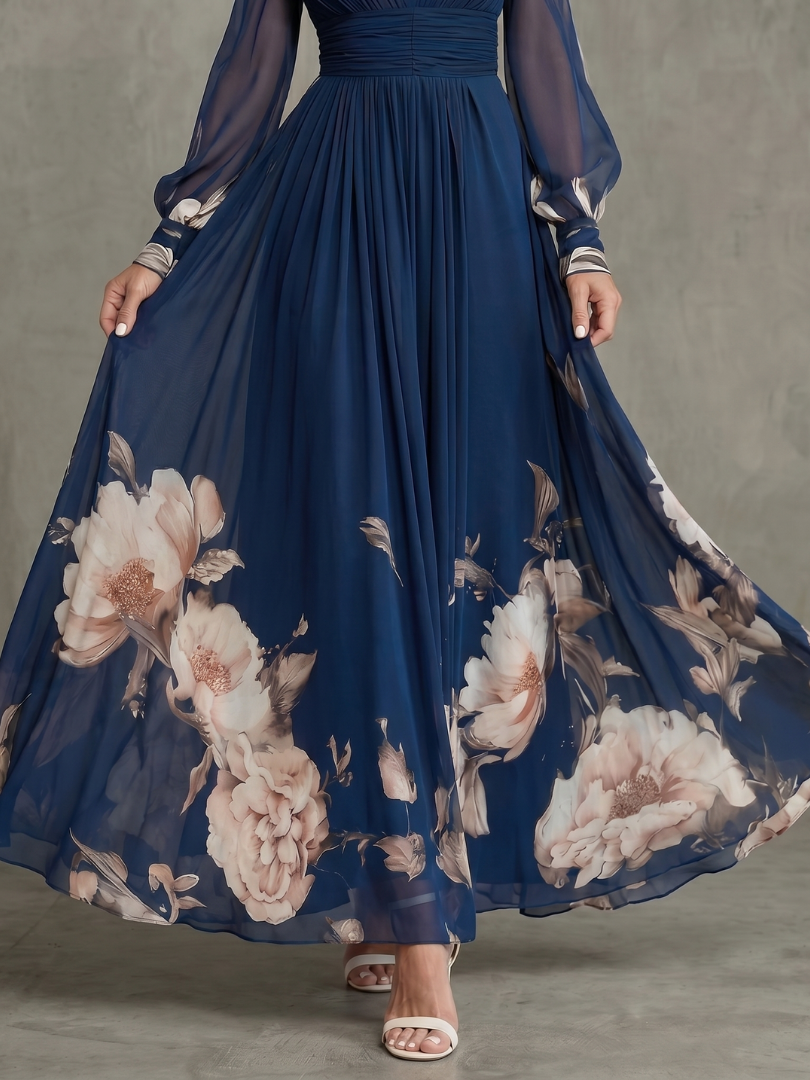 Evie Melbourne Pleated Sheer Sleeves Maxi Dress