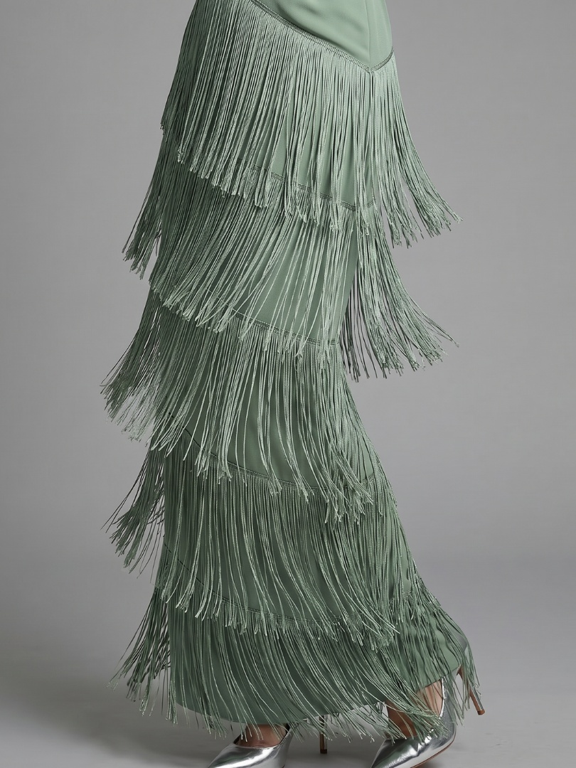 Evie Melbourne Long Sleeve Soft Fringe Skirt Midi Dress