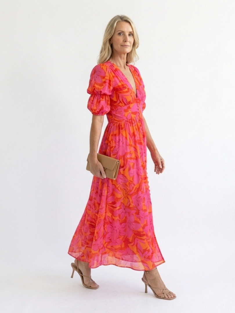 Evie Melbourne™ | Floral V Neck Puff Sleeve Midi Dress