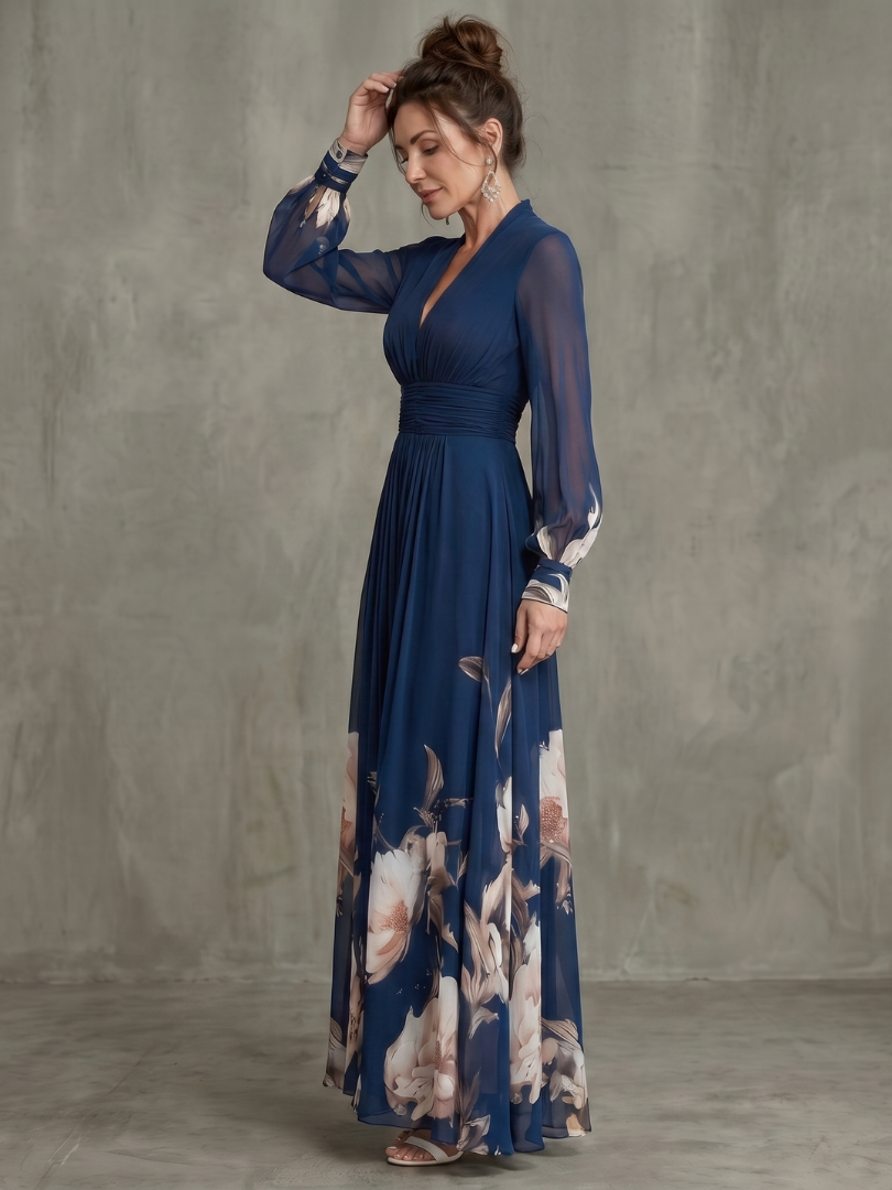 Evie Melbourne Pleated Sheer Sleeves Maxi Dress