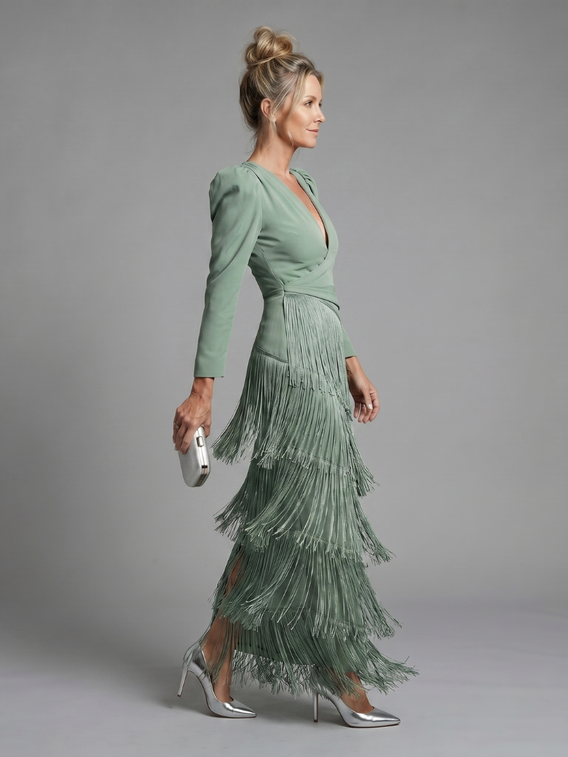 Evie Melbourne Long Sleeve Soft Fringe Skirt Midi Dress