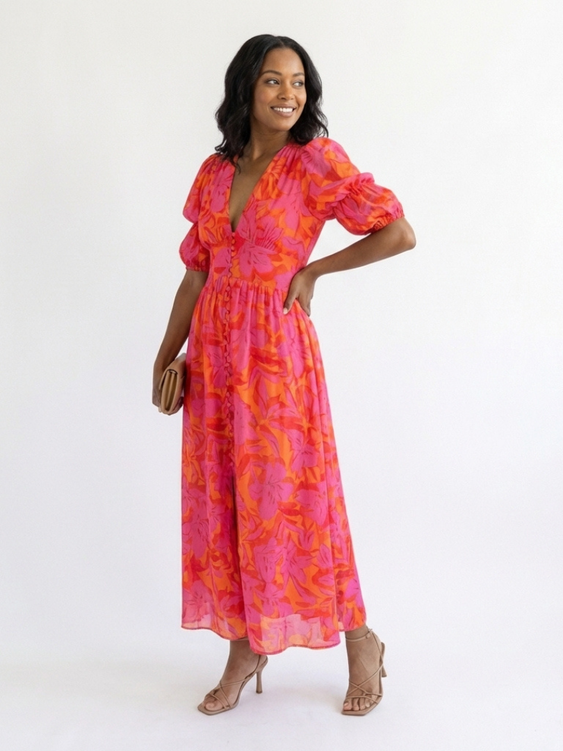 Evie Melbourne™ | Floral V Neck Puff Sleeve Midi Dress