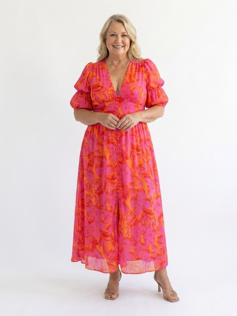 Evie Melbourne™ | Floral V Neck Puff Sleeve Midi Dress