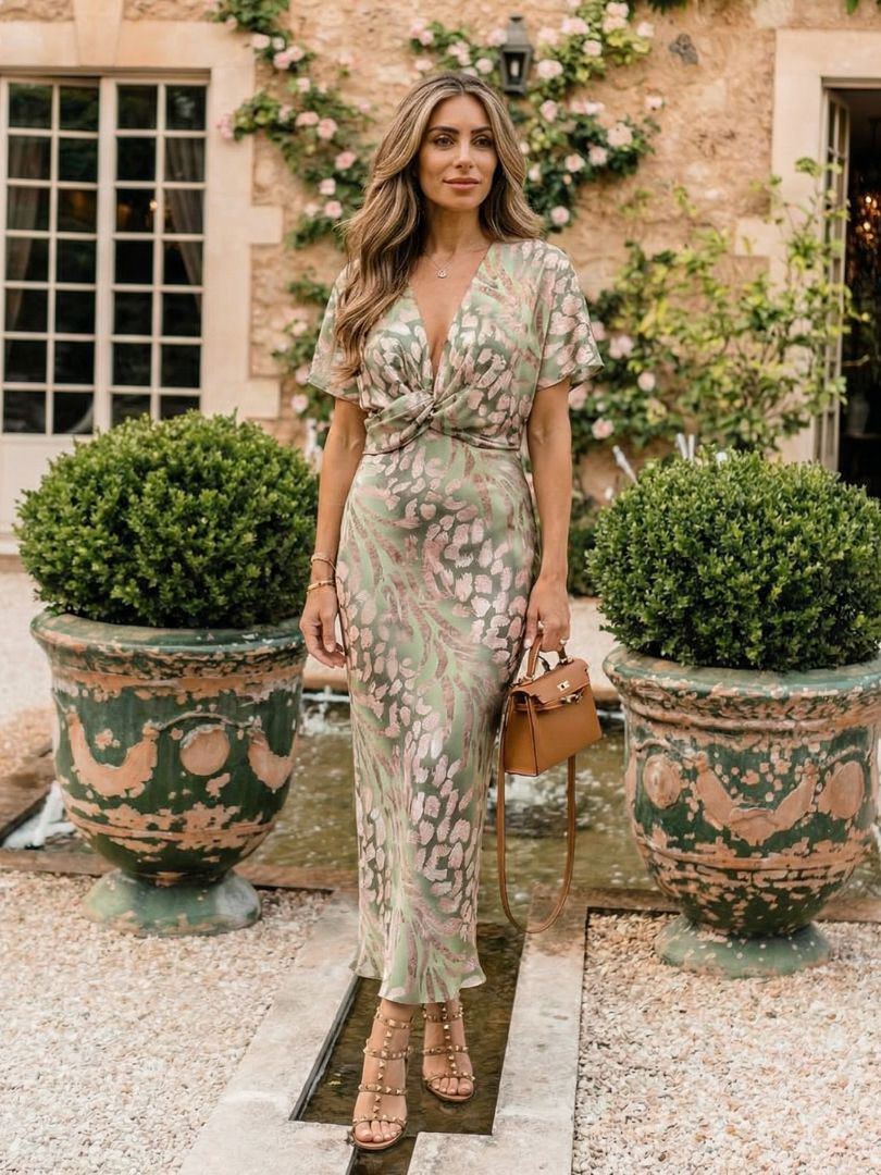 Evie Melbourne™ | Abstract Print V Neck Twist Waist Midi Dress