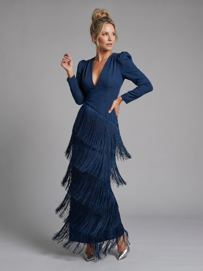 Evie Melbourne Long Sleeve Soft Fringe Skirt Midi Dress