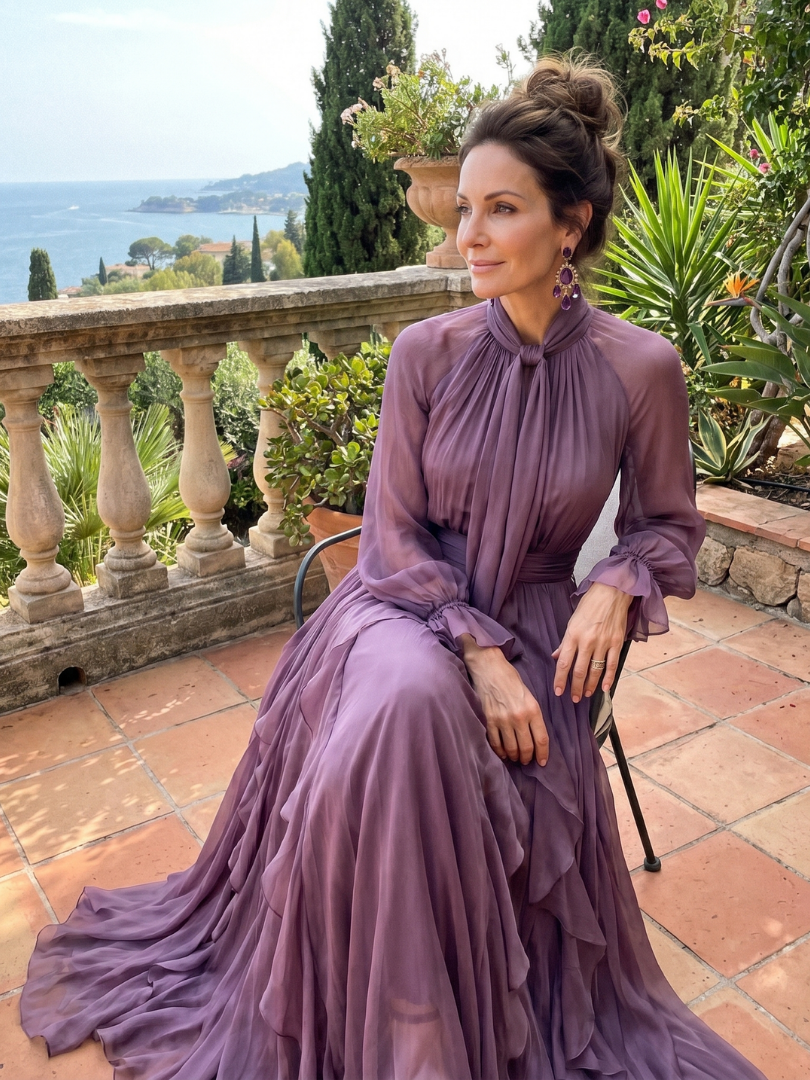 Evie Melbourne Tie Neck Ruffle Tiered Maxi Dress