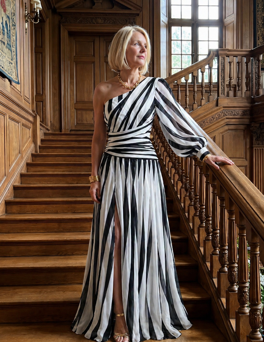 Evie Melbourne™ |Elegant Striped Maxi Dress with One Shoulder