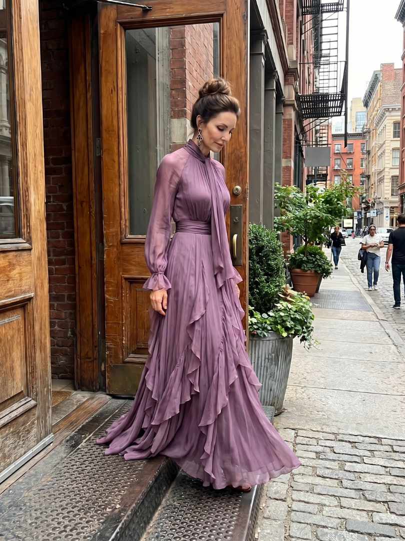 Evie Melbourne Tie Neck Ruffle Tiered Maxi Dress