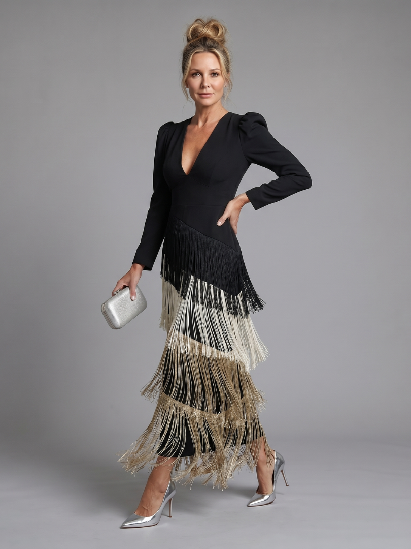 Evie Melbourne Long Sleeve Soft Fringe Skirt Midi Dress