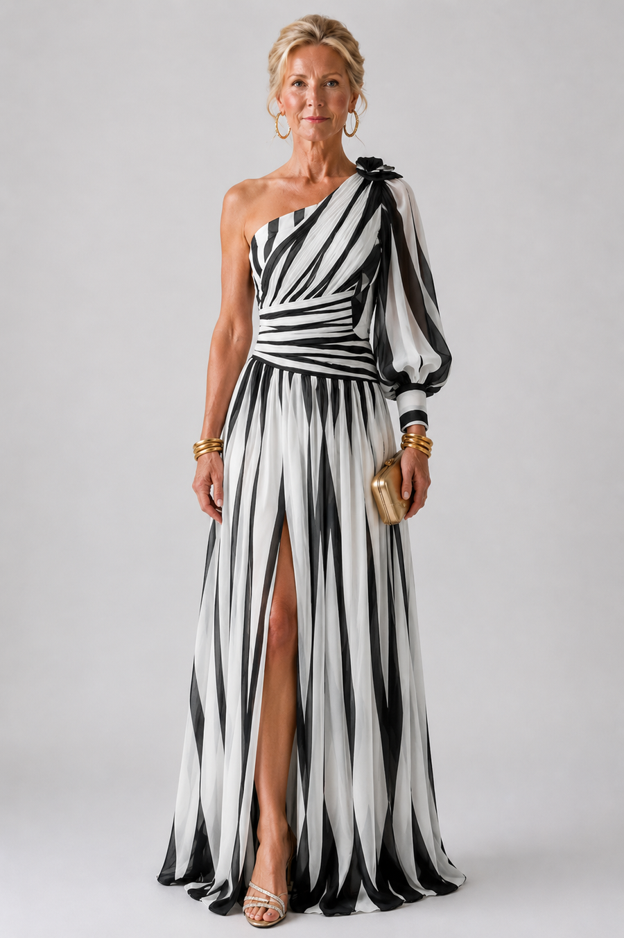 Evie Melbourne™ |Elegant Striped Maxi Dress with One Shoulder