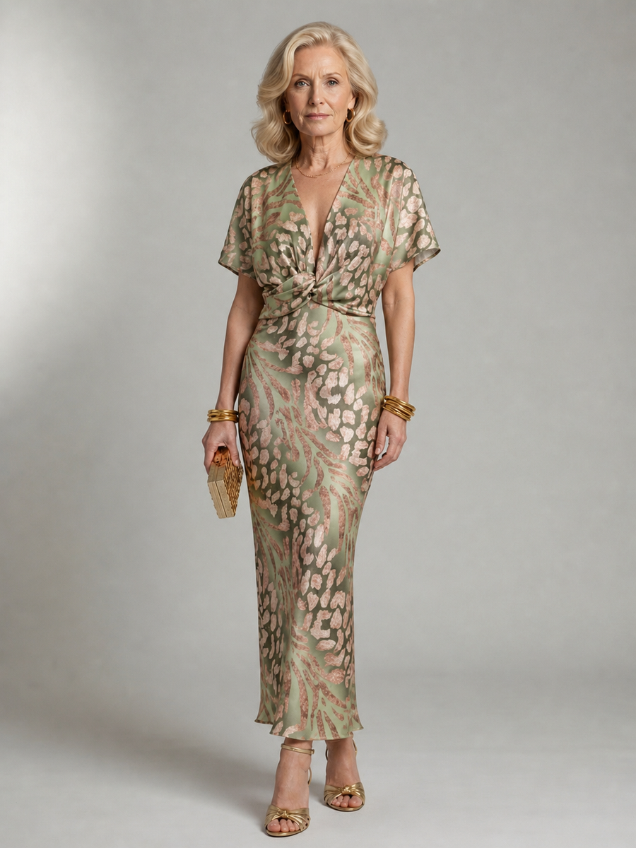 Evie Melbourne™ | Abstract Print V Neck Twist Waist Midi Dress