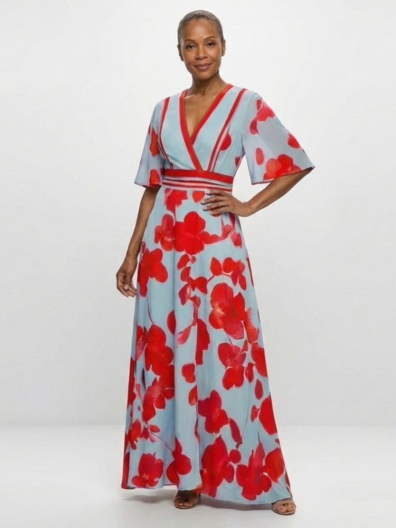 Evie Melbourne™ | V Neck Short Sleeve Floral Maxi Dress