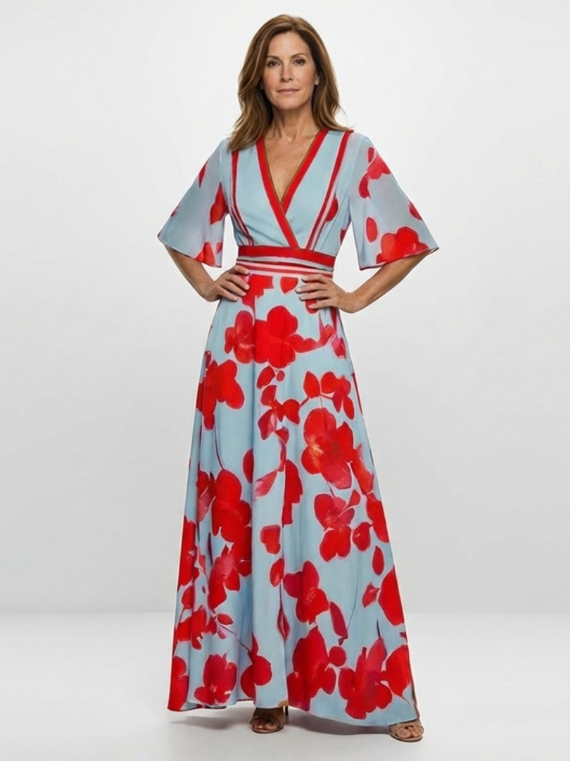 Evie Melbourne™ | V Neck Short Sleeve Floral Maxi Dress