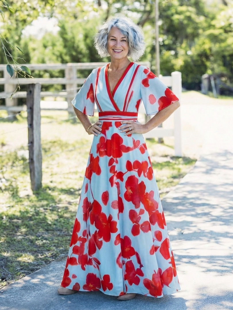 Evie Melbourne™ | V Neck Short Sleeve Floral Maxi Dress
